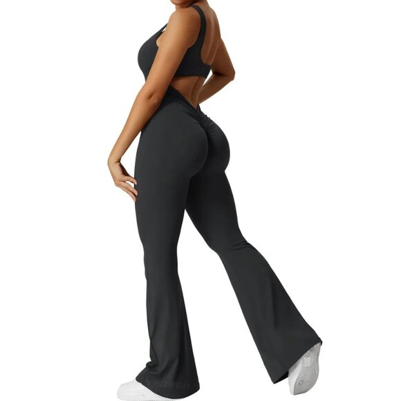 YEOREO Women Workout Scrunch Flare Jumpsuit Sexy Backless Butt Lift Gym jumpsuit - Picture 1 of 7